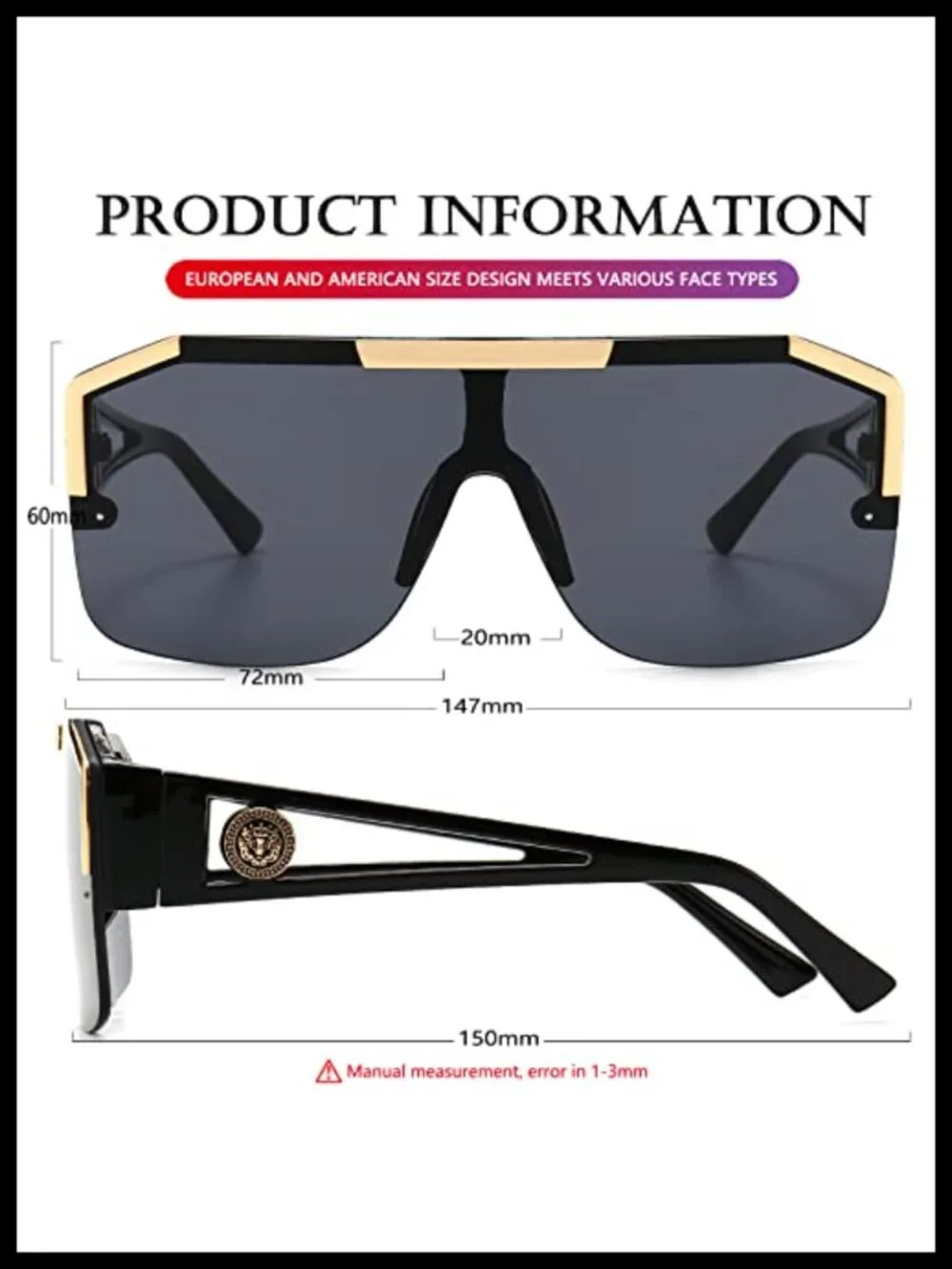 Oversized Square Sunglasses Flat Top Shield UV Protection Unisex
